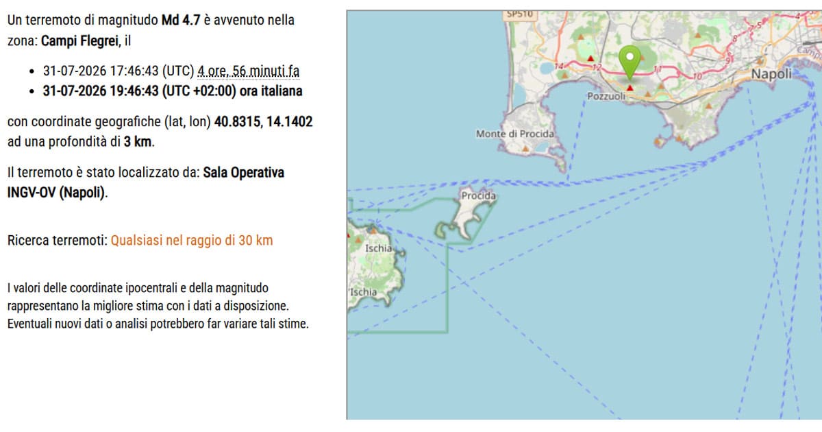Terremoto ai Campi Flegrei, dopo la scossa di magnitudo 4.7 una nuova scossa di 3.8 avvertita fino a Napoli